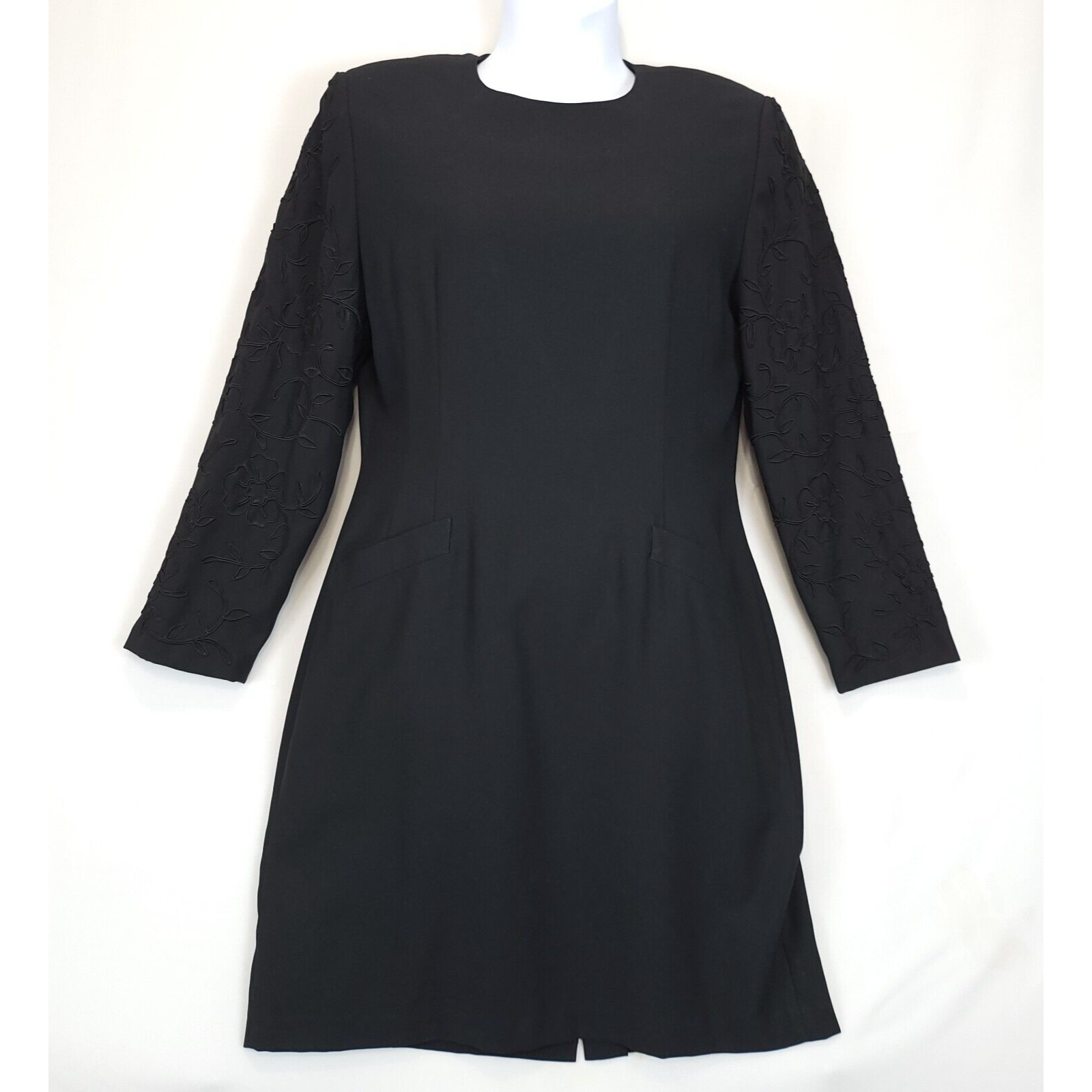 Kasper Embroidered Sleeves Sheath Dress Black Women 14 Lined Back Zip Classic